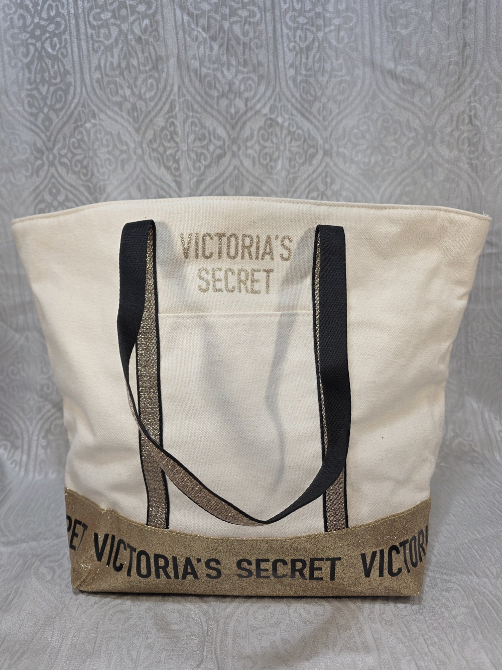 Victoria's Secret Cream and Gold Canvas Tote Bag